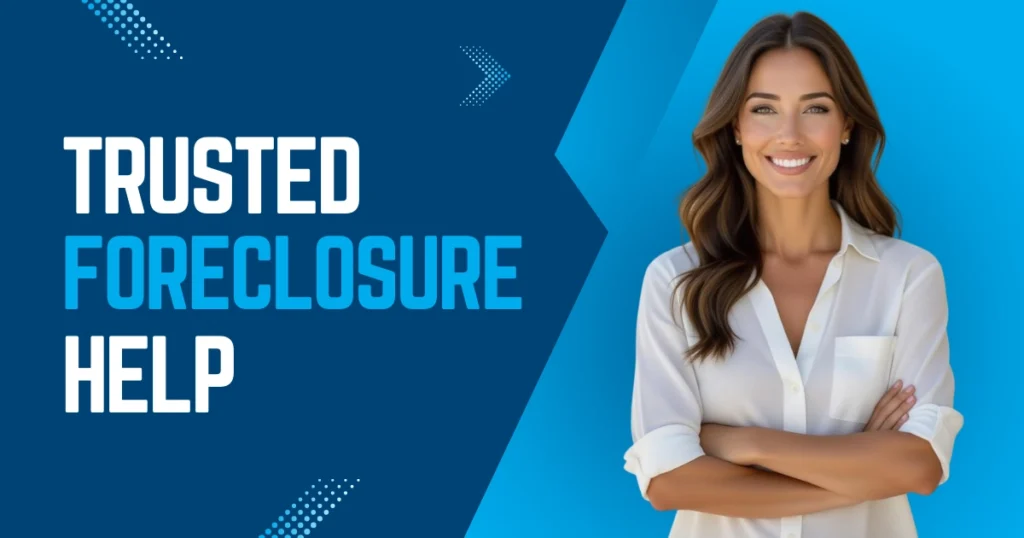Smiling professional woman stands beside bold text reading "Trusted Foreclosure Help – Arizona’s Local Experts Are Here for You," reflecting The Offer Company’s reliable foreclosure solutions.