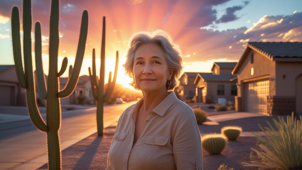 Arizona homeowner standing on their porch at sunset, feeling hopeful about stopping foreclosure